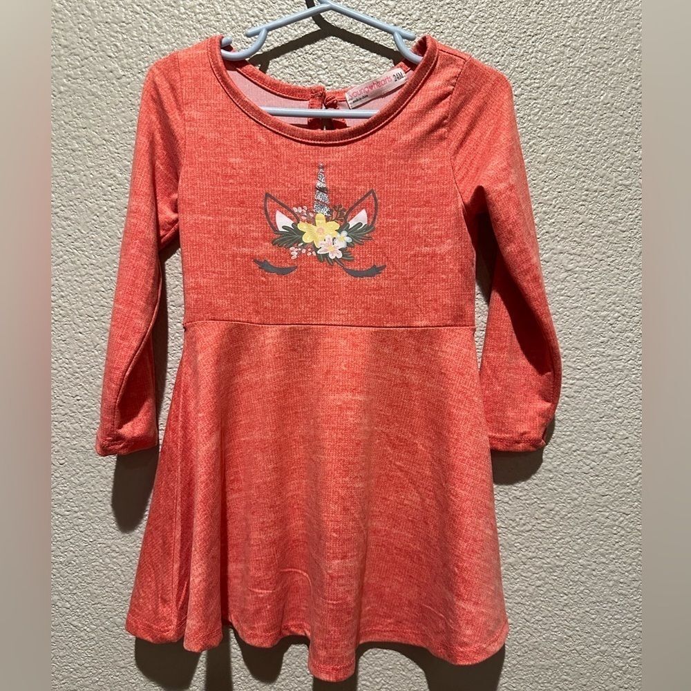 NWOT Young Hearts Coral Unicorn Toddler Girl Dress Size  24M